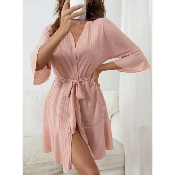 Blush Pink Ribbed Ruffle Sleeve & Hem Robe - Picture 4 of 8